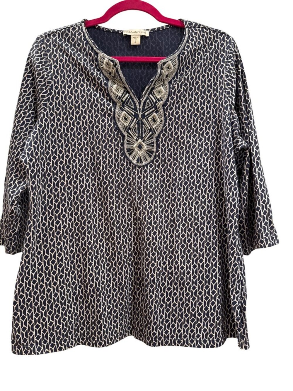 Coldwater Creek Size L Embroidered Cotton Tunic Blue Geometric Print V-Neck